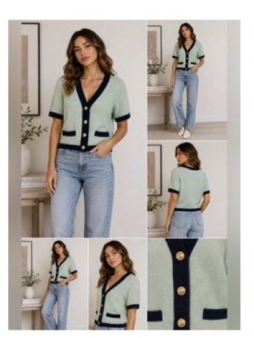 Express Mint Green Cardigan with Black Trim and Gold Buttons